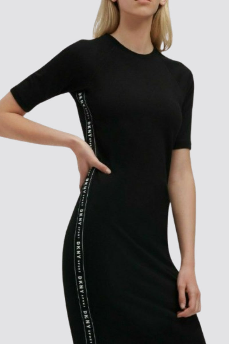 DKNY Contrast letter tape Dress Elastic Black M L Mid short sleeves Authentic